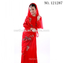 2016 encaje de satén de manga larga rebordeado vestido de boda musulmán rojo
